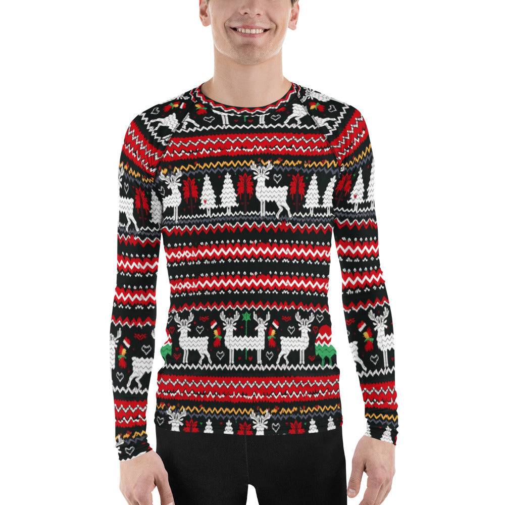 Ugly Christmas Sweater Men's Rash Guard - Deer and Trees