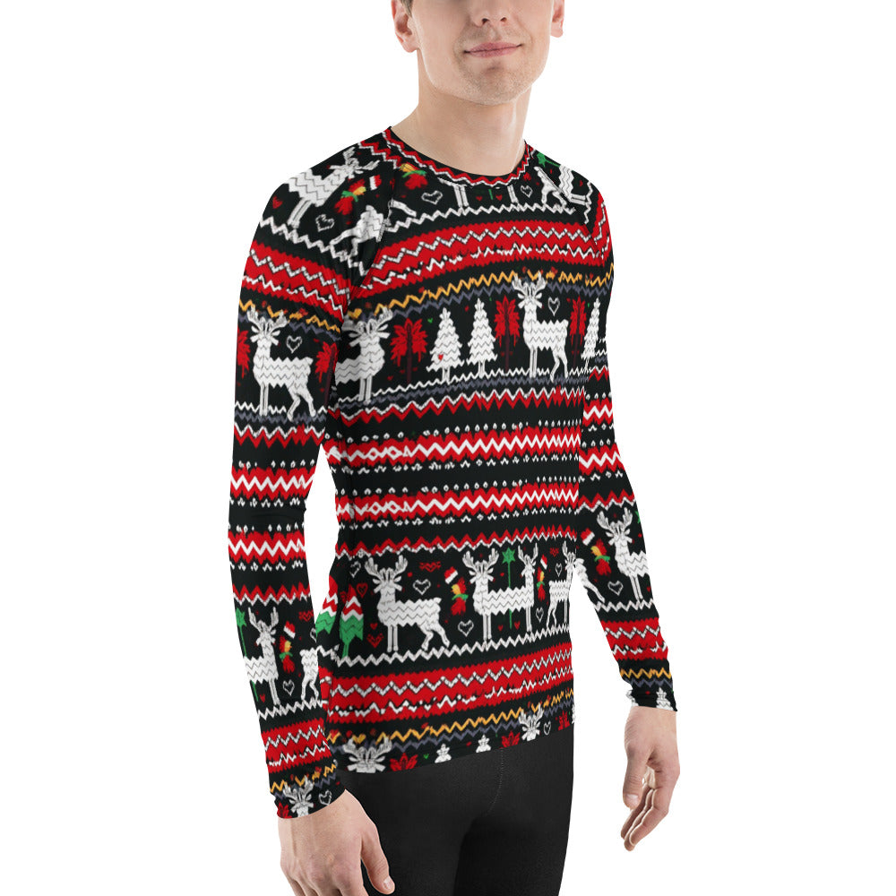 Ugly Christmas Sweater Men's Rash Guard - Deer and Trees